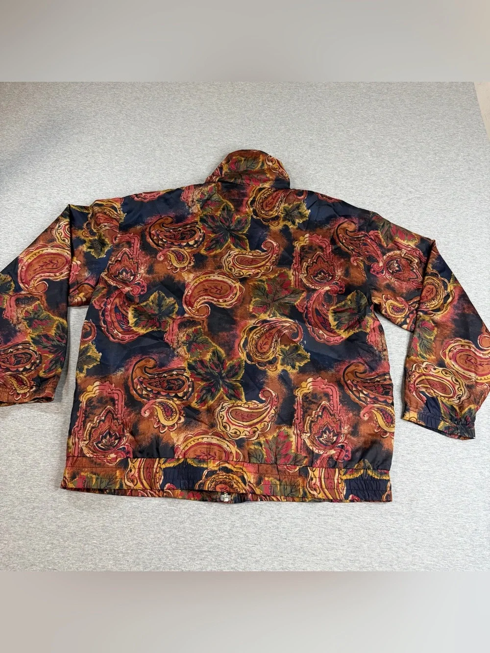 VTG 90s EVR Div Rousso 100% Silk Bomber Jacket All Print Small Paisley Leaf Fall